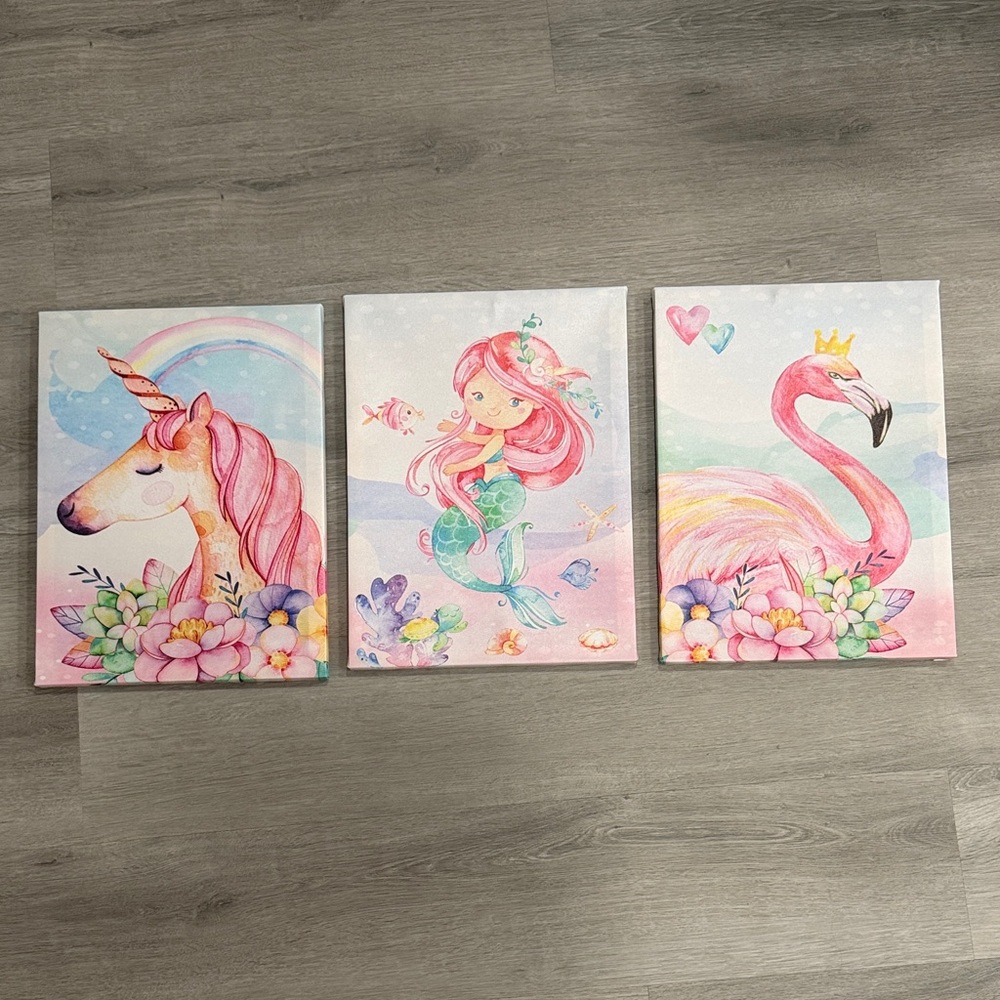 Colorful Unicorn, Mermaid, and Flamingo Canvas Set